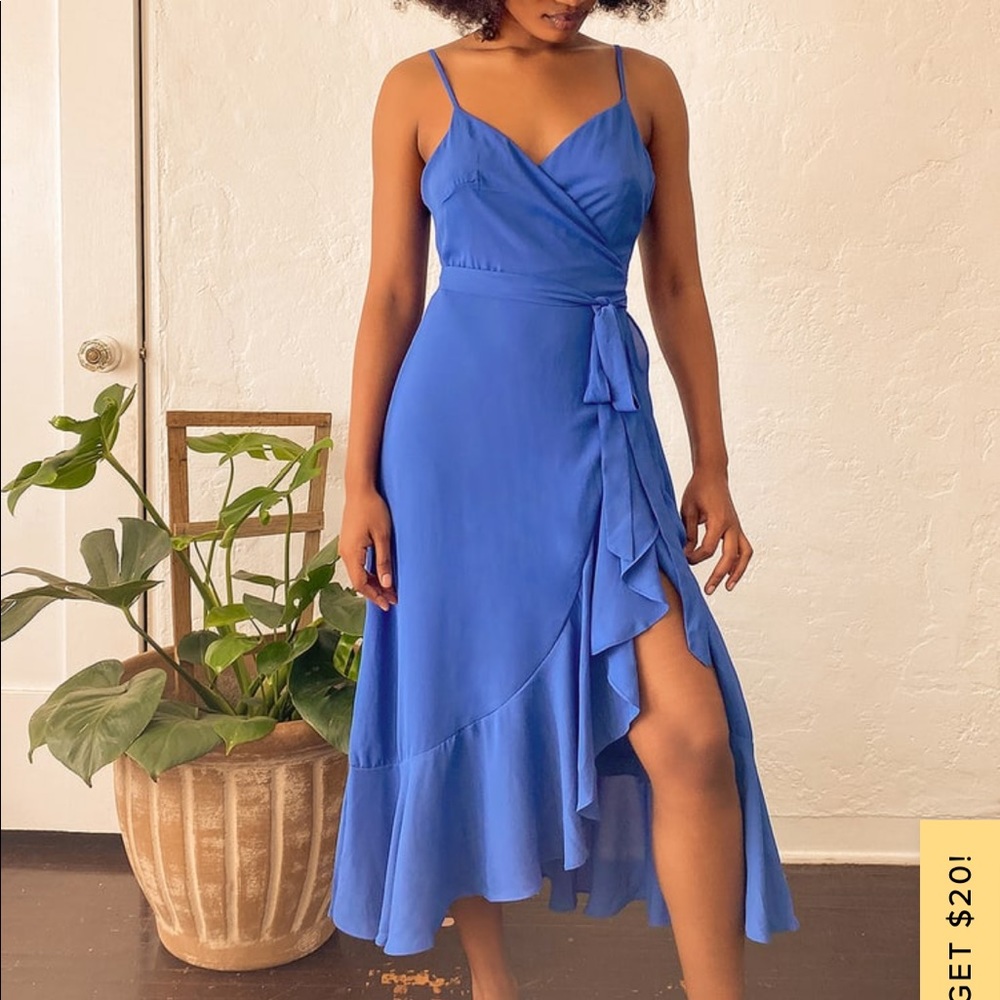 LULU’s Manhattan Moment Blue Ruffled Midi Wrap Dress